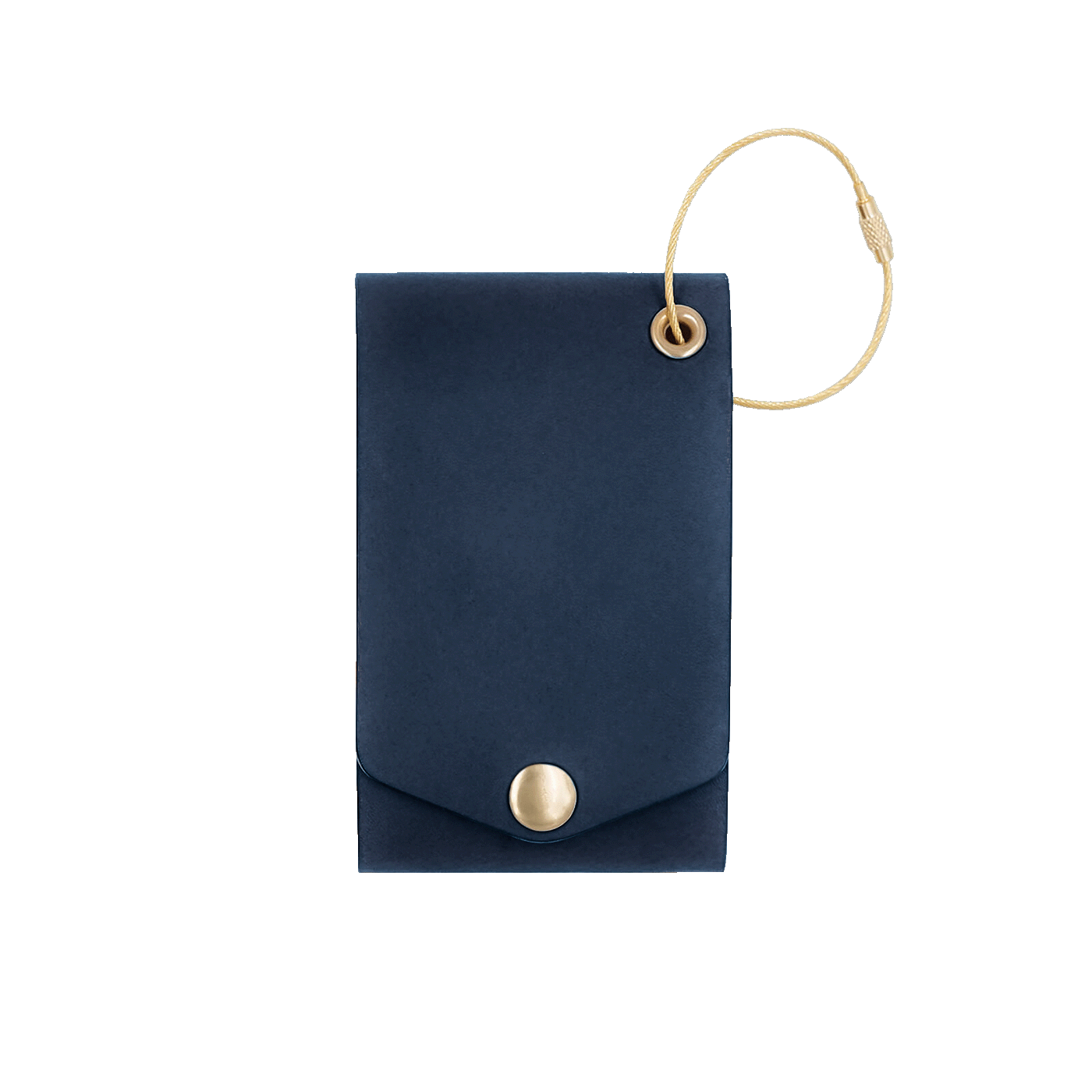 Navy leather luggage tag with fold closure and brass hardware.