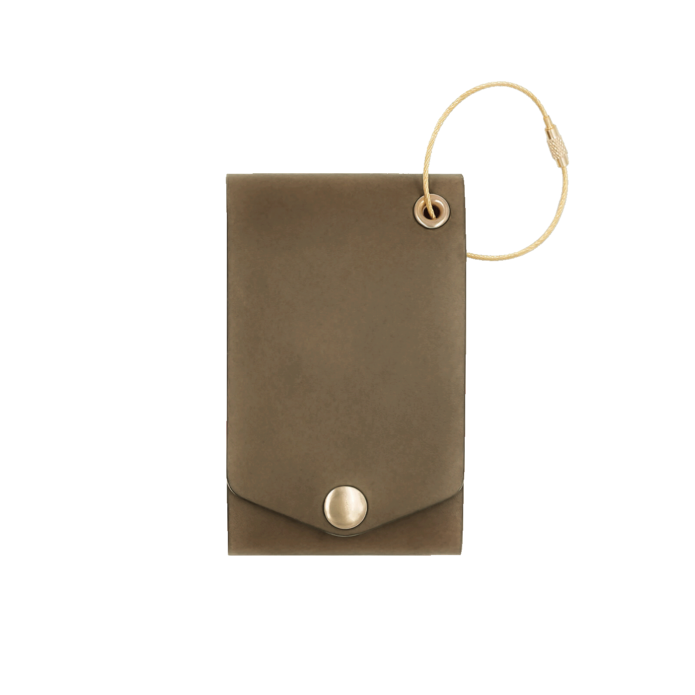 Olive leather luggage tag with fold closure and brass hardware.