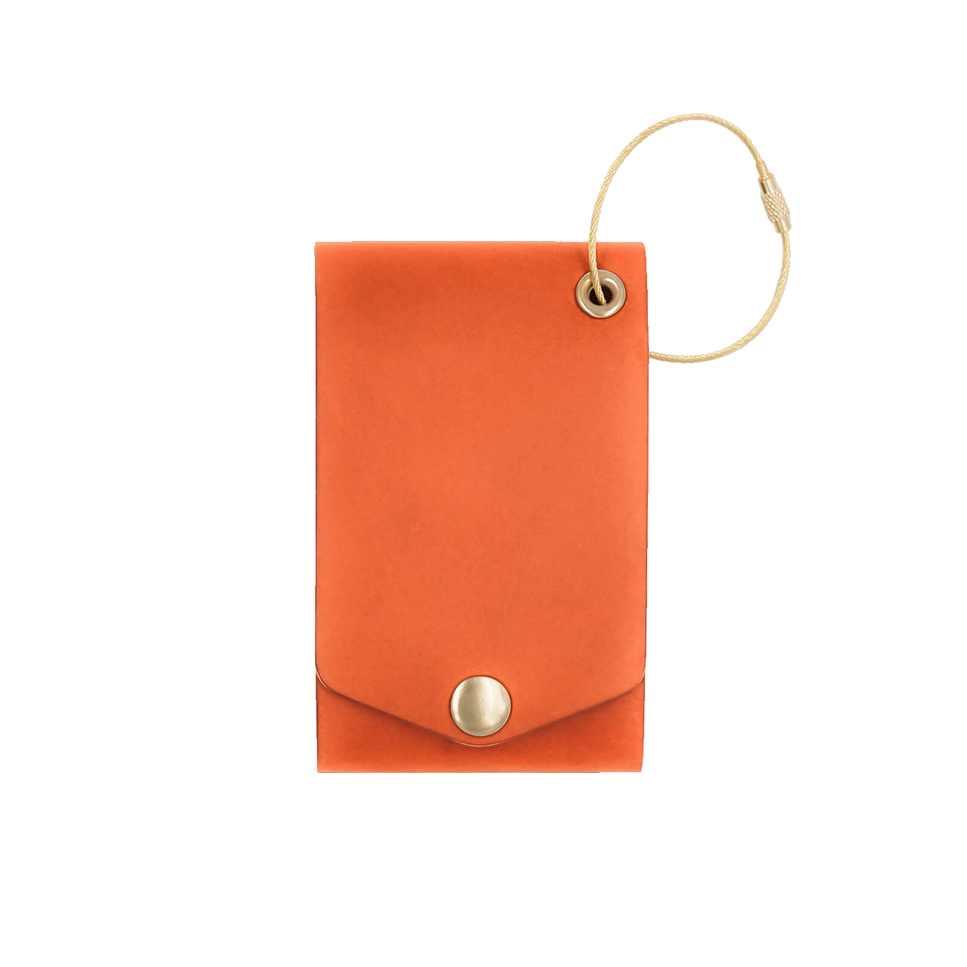 Orange leather luggage tag with fold closure and brass hardware.