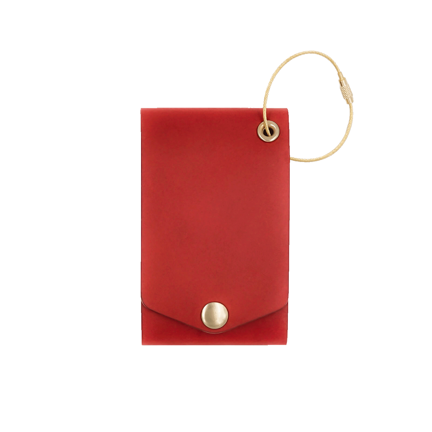 Red leather luggage tag with fold closure and brass hardware.