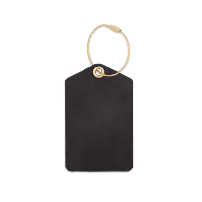 Black leather luggage tag with brass hardware.
