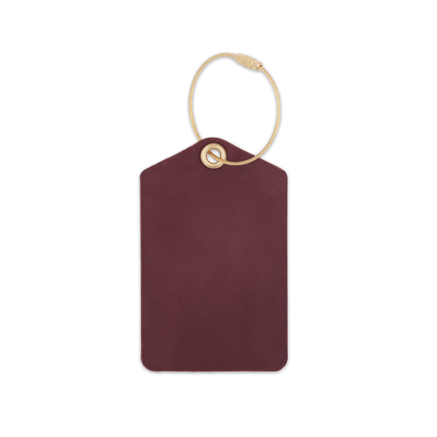 Burgundy leather luggage tag with brass hardware.