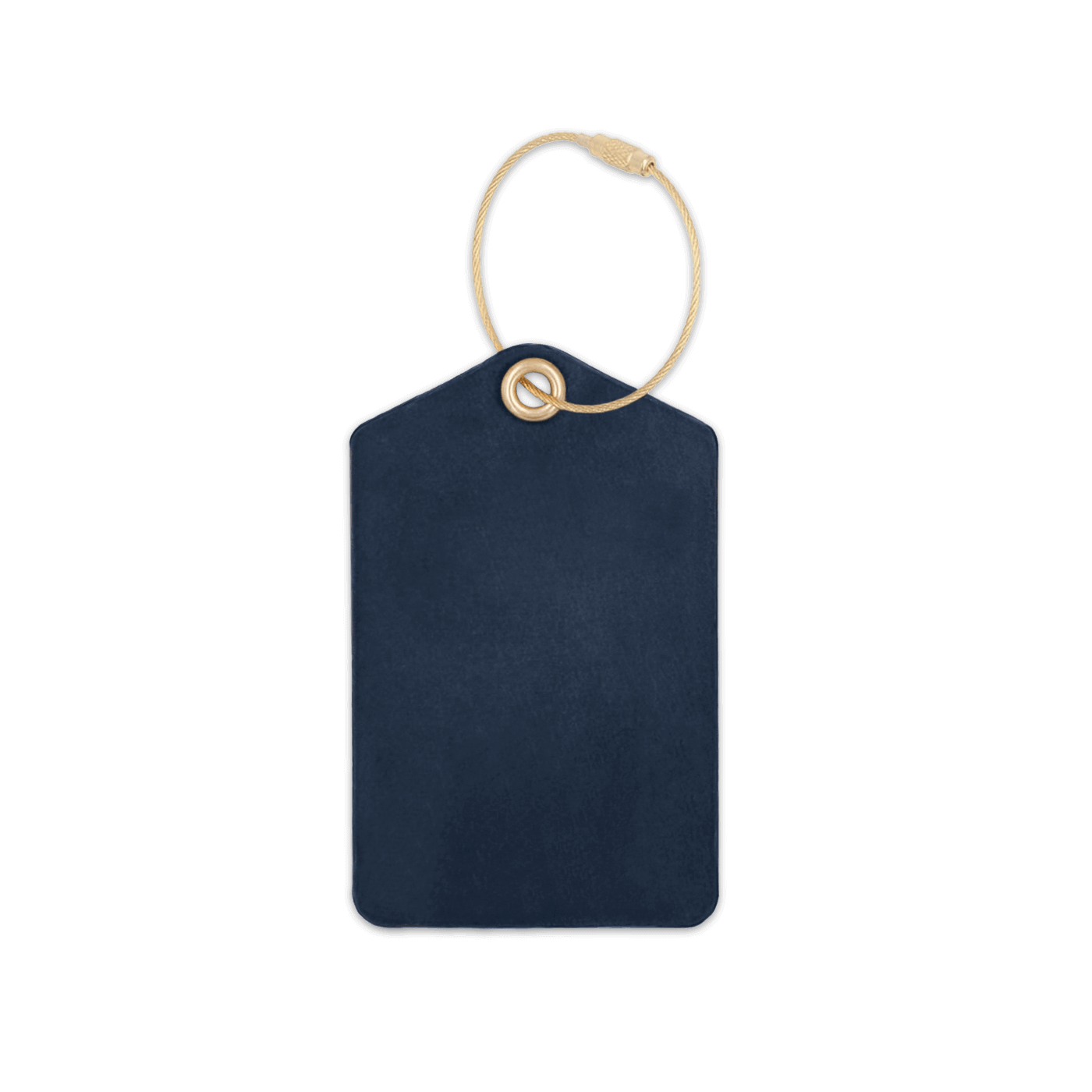 Navy leather luggage tag with brass hardware.