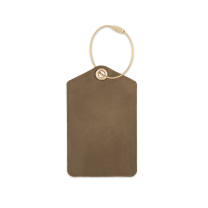 Olive leather luggage tag with brass hardware.