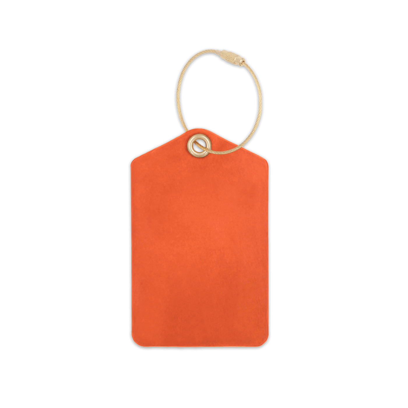 Orange leather luggage tag with brass hardware.