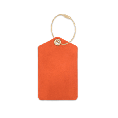 Orange leather luggage tag with brass hardware.