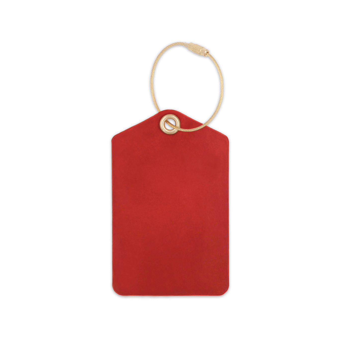 Red luggage tag with brass hardware.