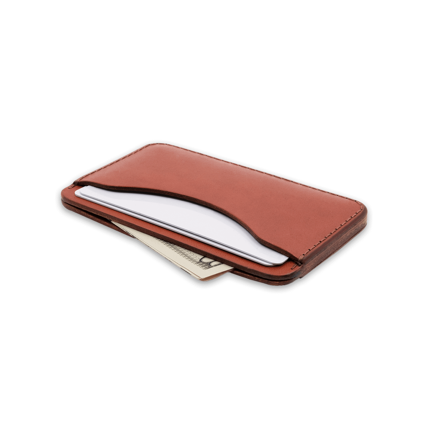 Brown leather Slim Wallet 3/4 angle view with white cards and $5 bill.