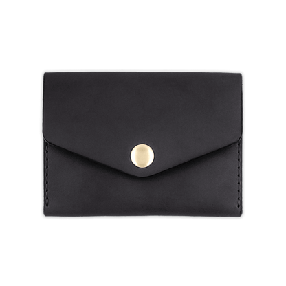 Black leather Snap Wallet front view with fold closure and brass hardware.