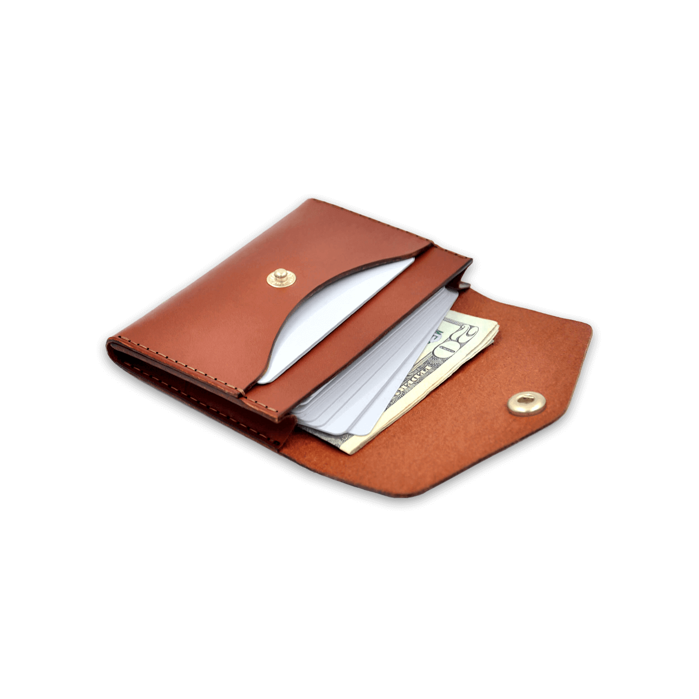 Brown leather Snap Wallet 3/4 angle open view with white cards, $20 bill, and brass hardware.