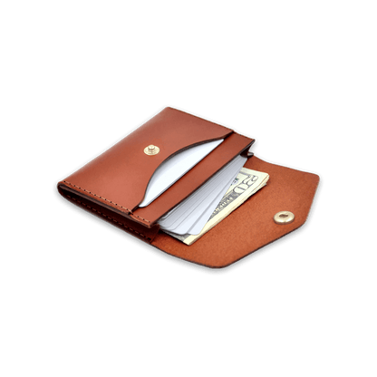 Brown leather Snap Wallet 3/4 angle open view with white cards, $20 bill, and brass hardware.