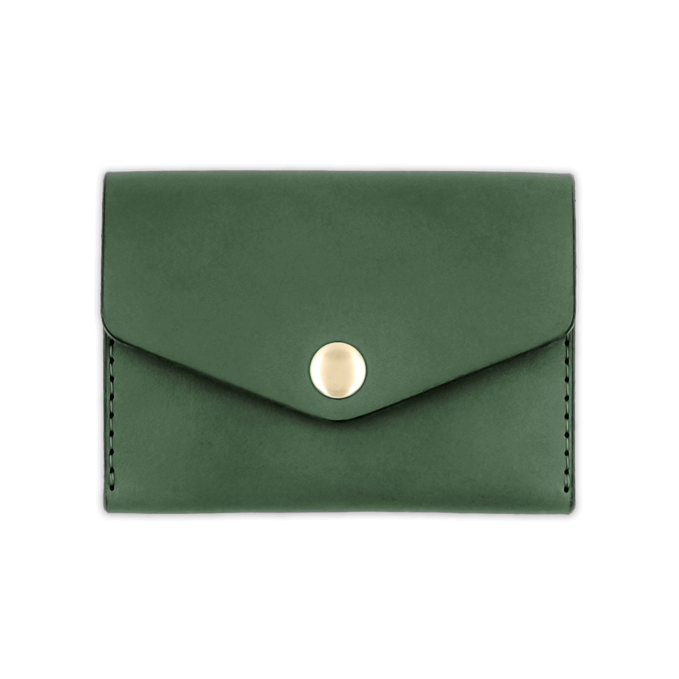 Green leather Snap Wallet front view with fold closure and brass hardware.