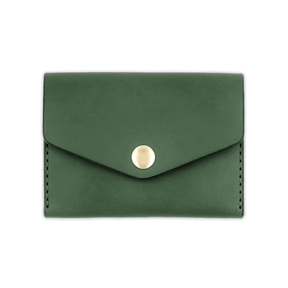 Green leather Snap Wallet front view with fold closure and brass hardware.