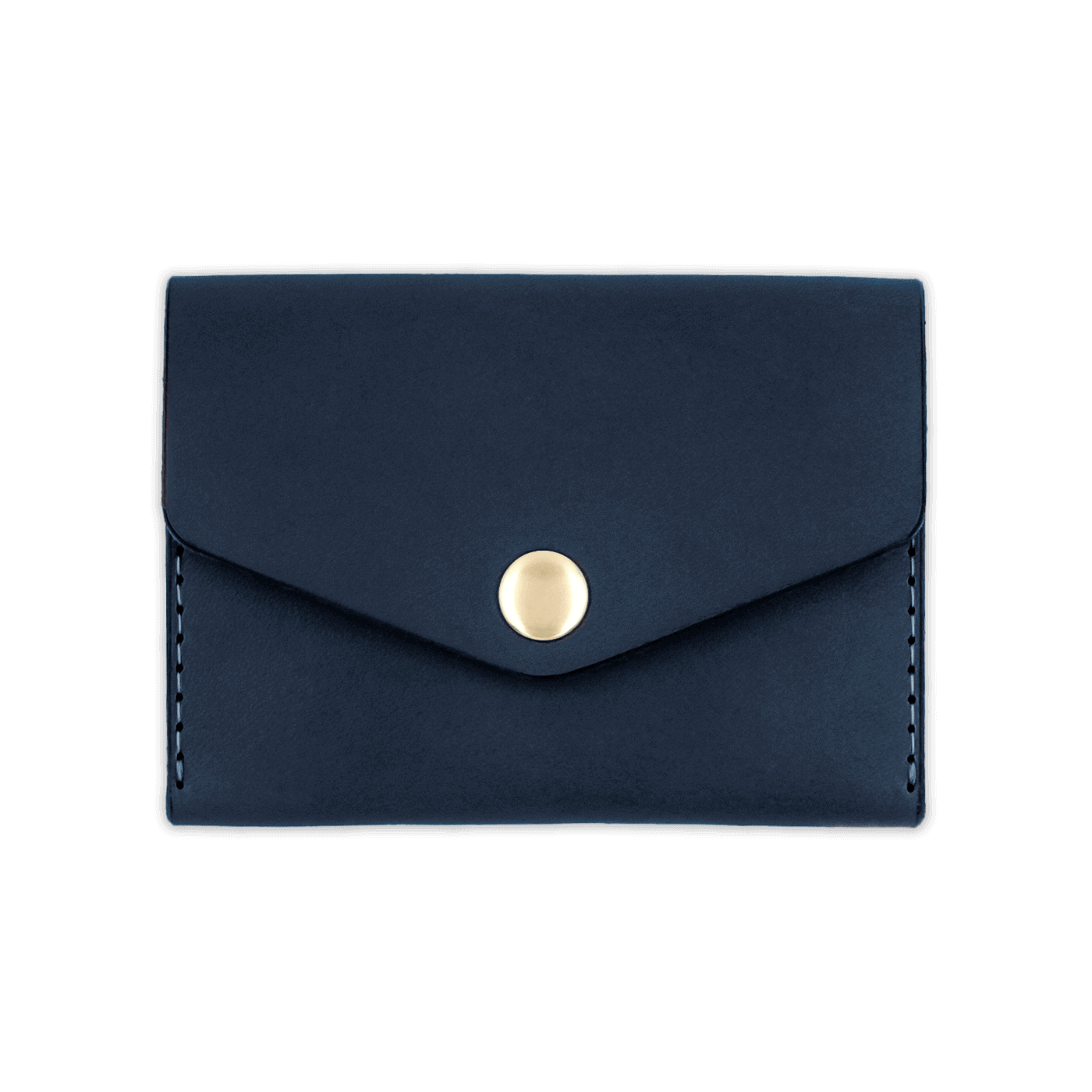 Navy leather Snap Wallet front view with fold closure and brass hardware.