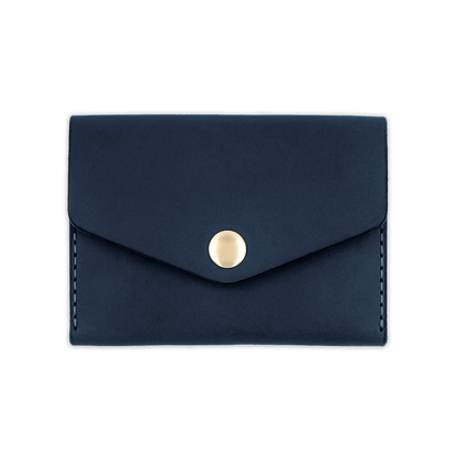 Navy leather Snap Wallet front view with fold closure and brass hardware.