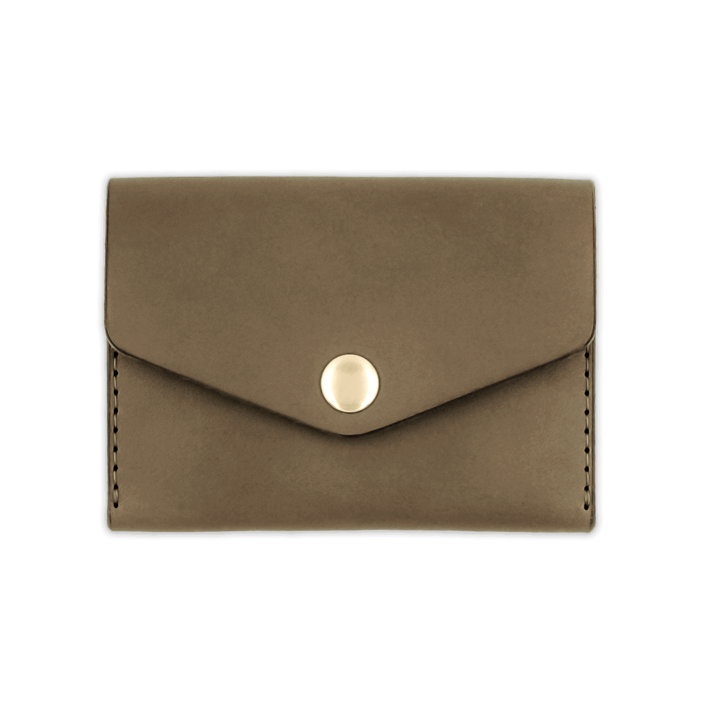 Olive leather Snap Wallet front view with fold closure and brass hardware.