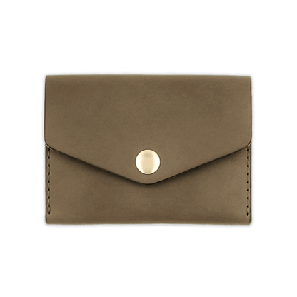 Olive leather Snap Wallet front view with fold closure and brass hardware.