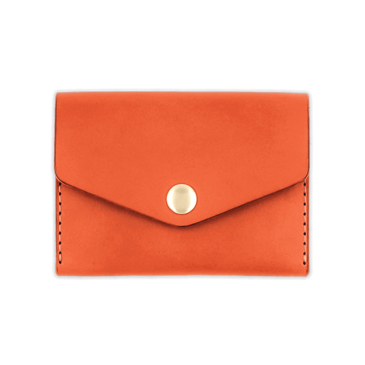 Orange leather Snap Wallet front view with fold closure and brass hardware.