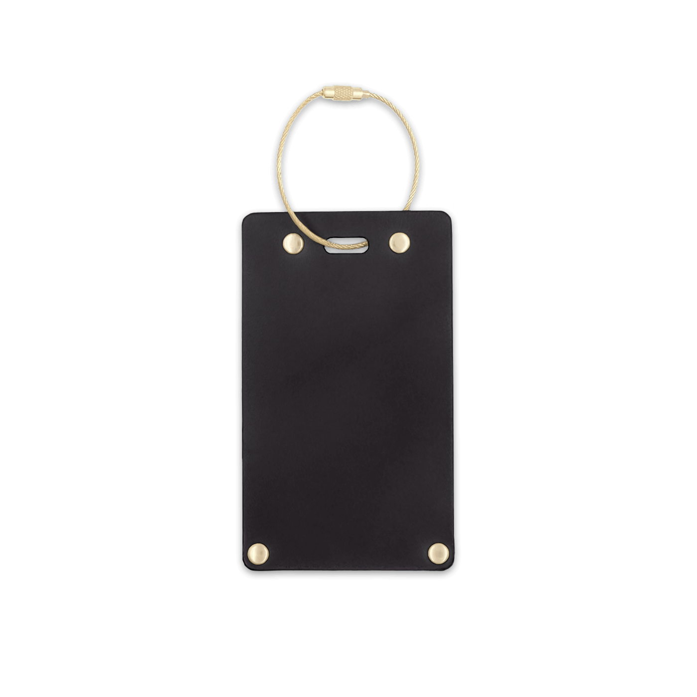 Black leather rectangular luggage tag front view with brass hardware.