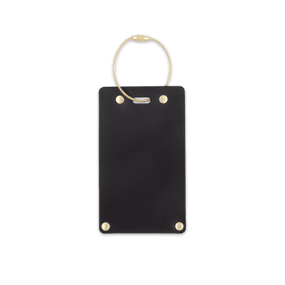 Black leather rectangular luggage tag front view with brass hardware.