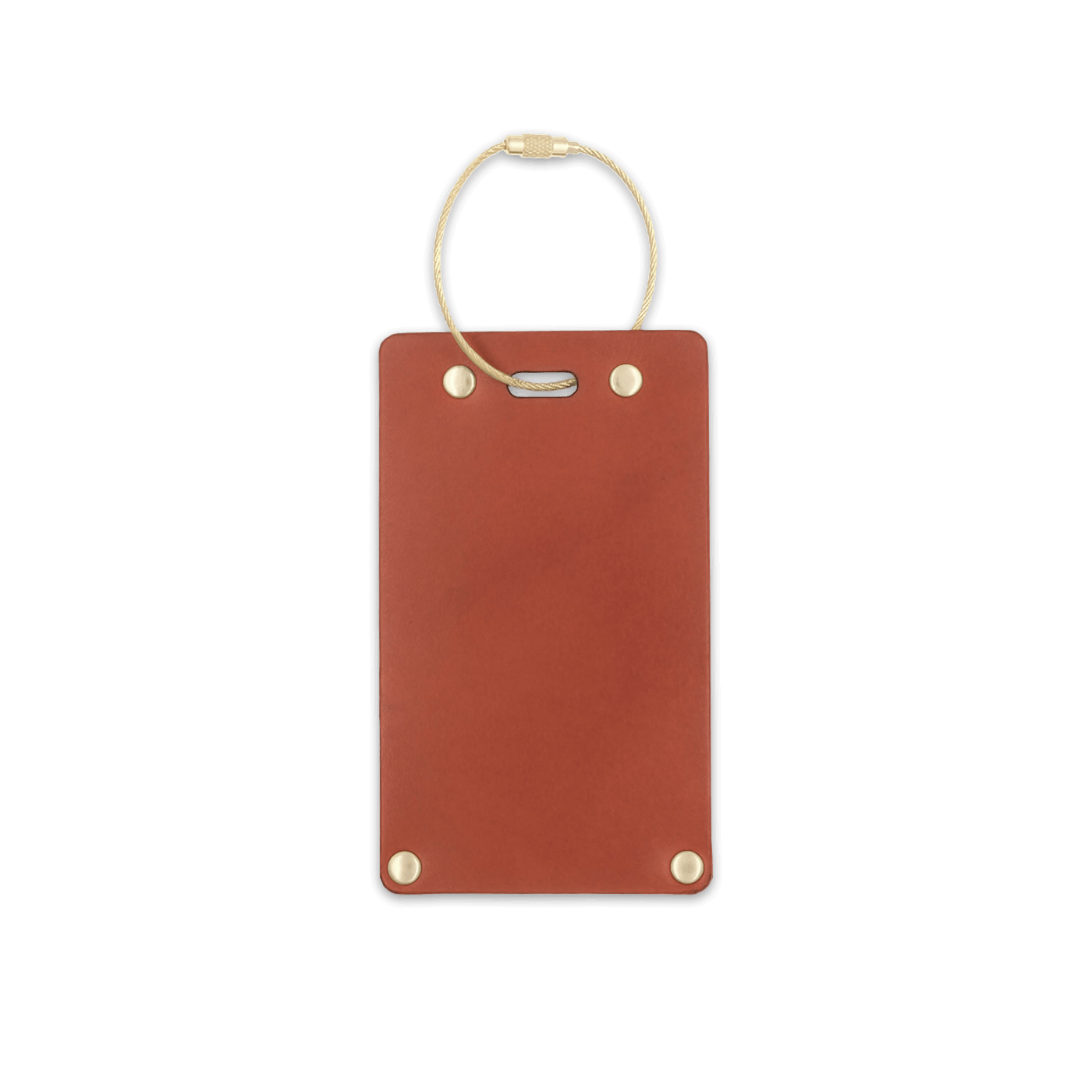 Brown leather rectangular luggage tag front view with brass hardware.