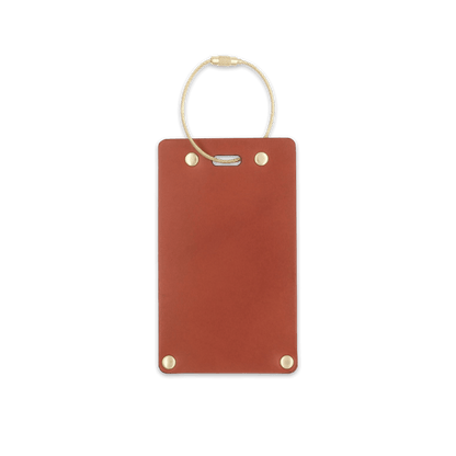 Brown leather rectangular luggage tag front view with brass hardware.