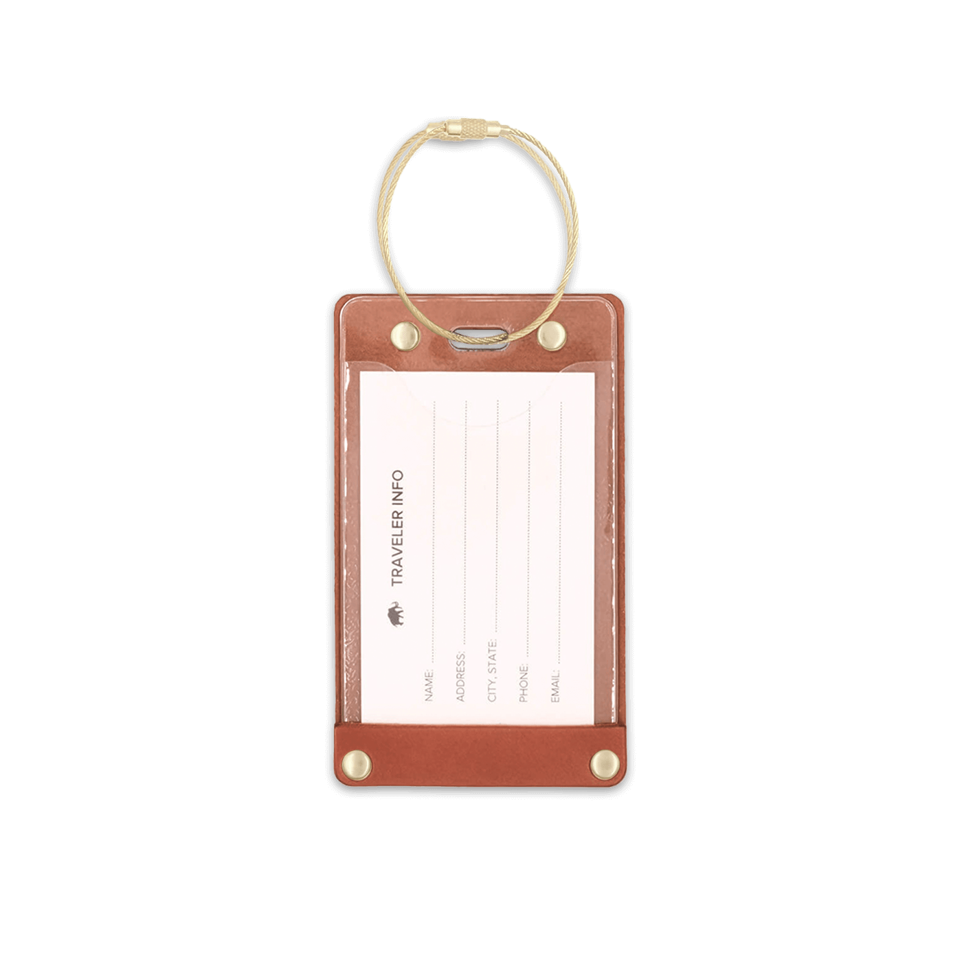 Brown leather rectangular luggage tag back view with brass hardware, clear pocket, and info card.