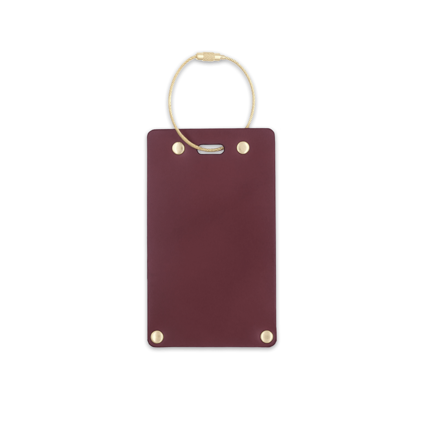 Burgundy leather rectangular luggage tag front view with brass hardware.