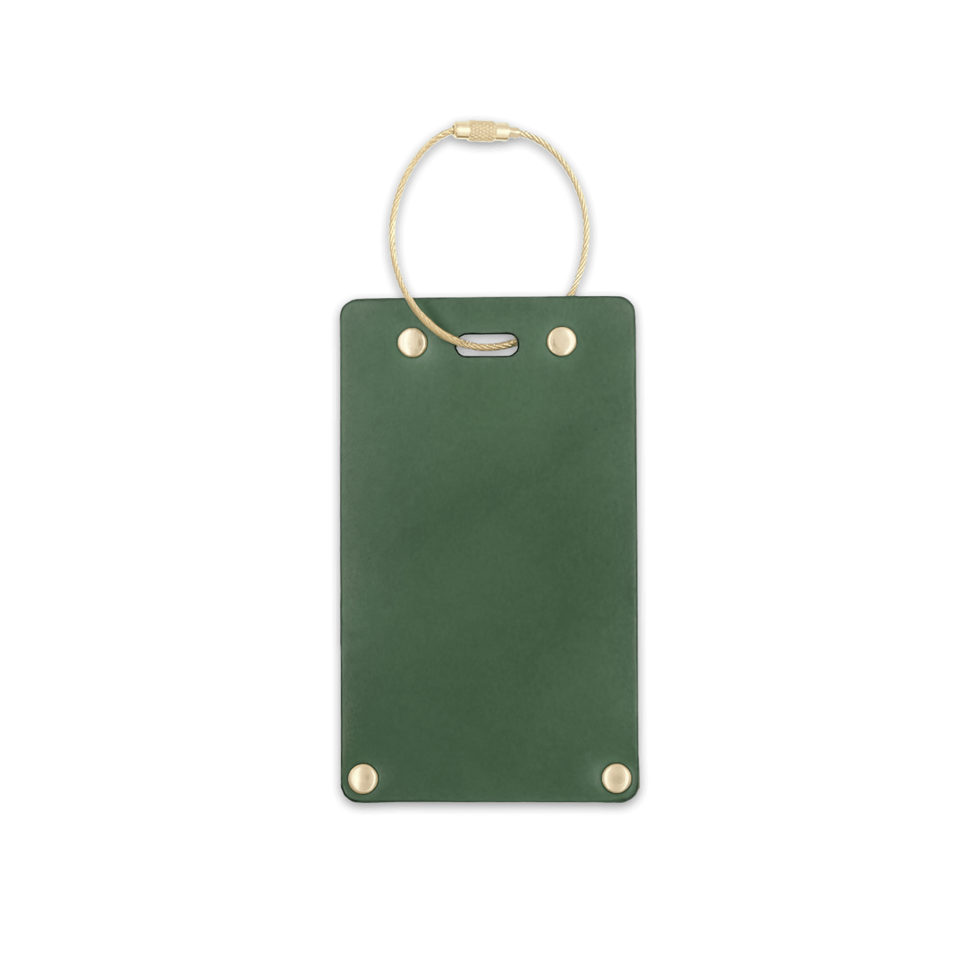 Green leather rectangular luggage tag front view with brass hardware.