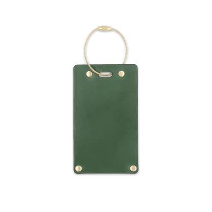 Green leather rectangular luggage tag front view with brass hardware.