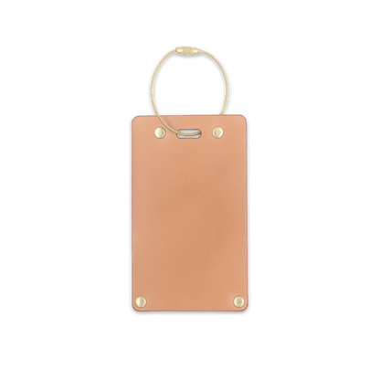 Natural leather rectangular luggage tag front view with brass hardware.