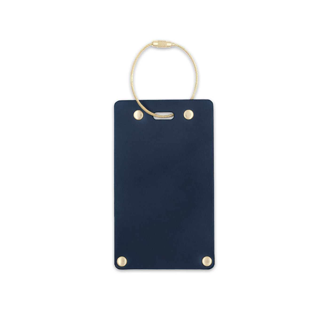 Navy leather rectangular luggage tag front view with brass hardware.