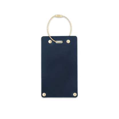 Navy leather rectangular luggage tag front view with brass hardware.