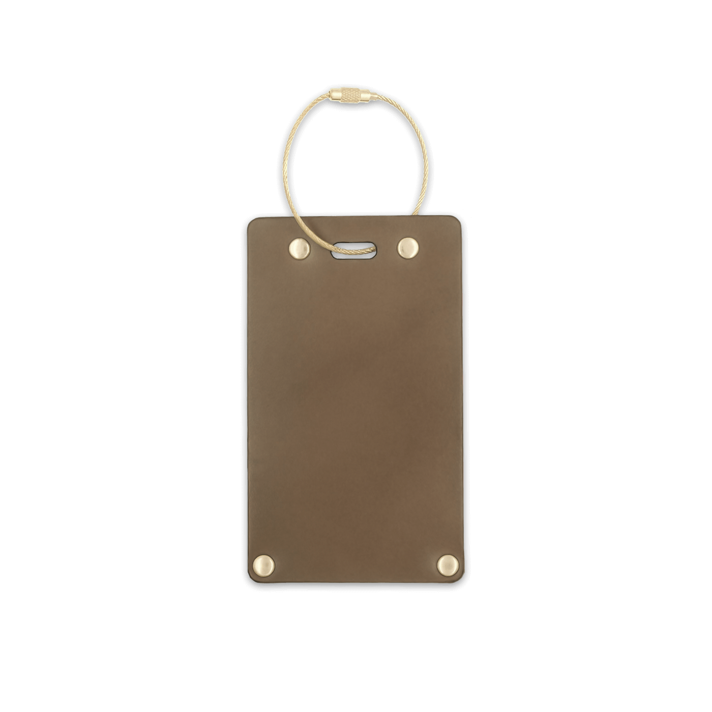 Olive leather rectangular luggage tag front view with brass hardware.