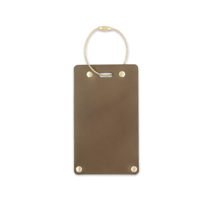 Olive leather rectangular luggage tag front view with brass hardware.