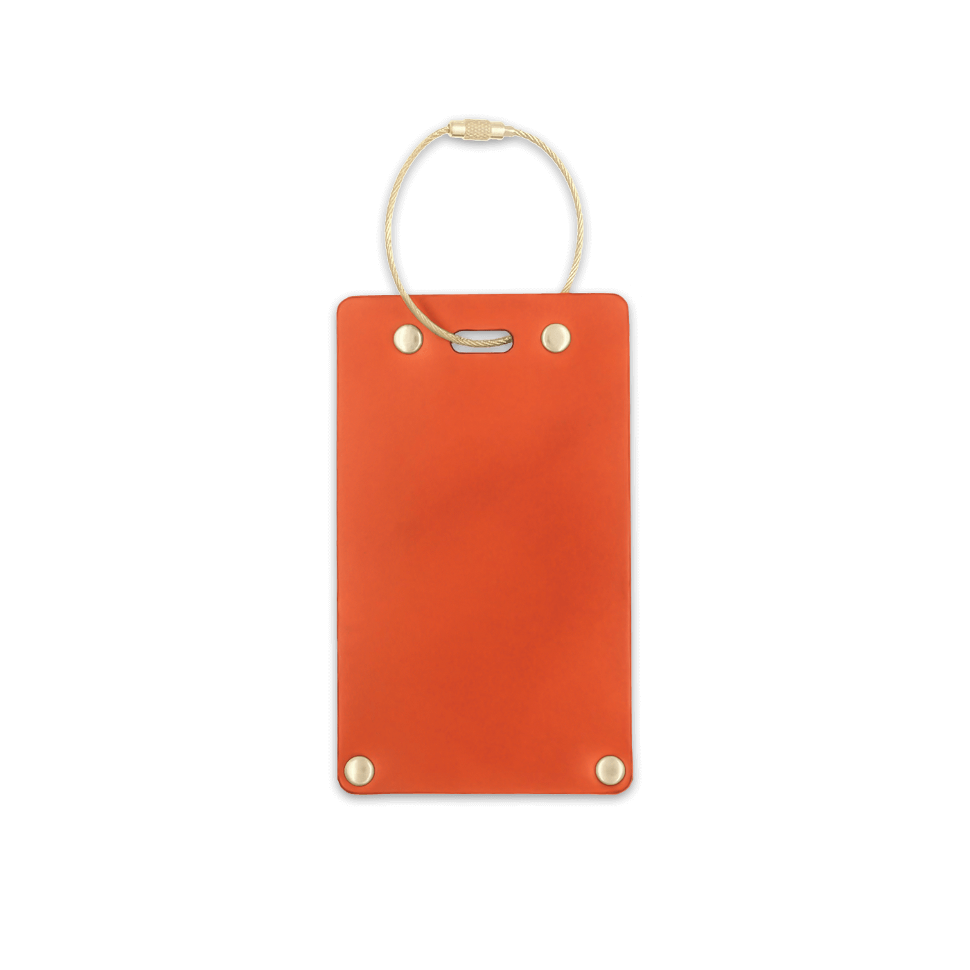 Orange leather rectangular luggage tag front view with brass hardware.