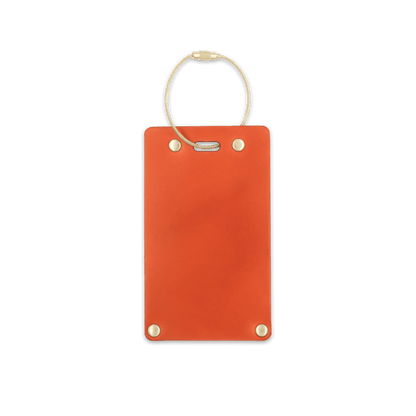 Orange leather rectangular luggage tag front view with brass hardware.