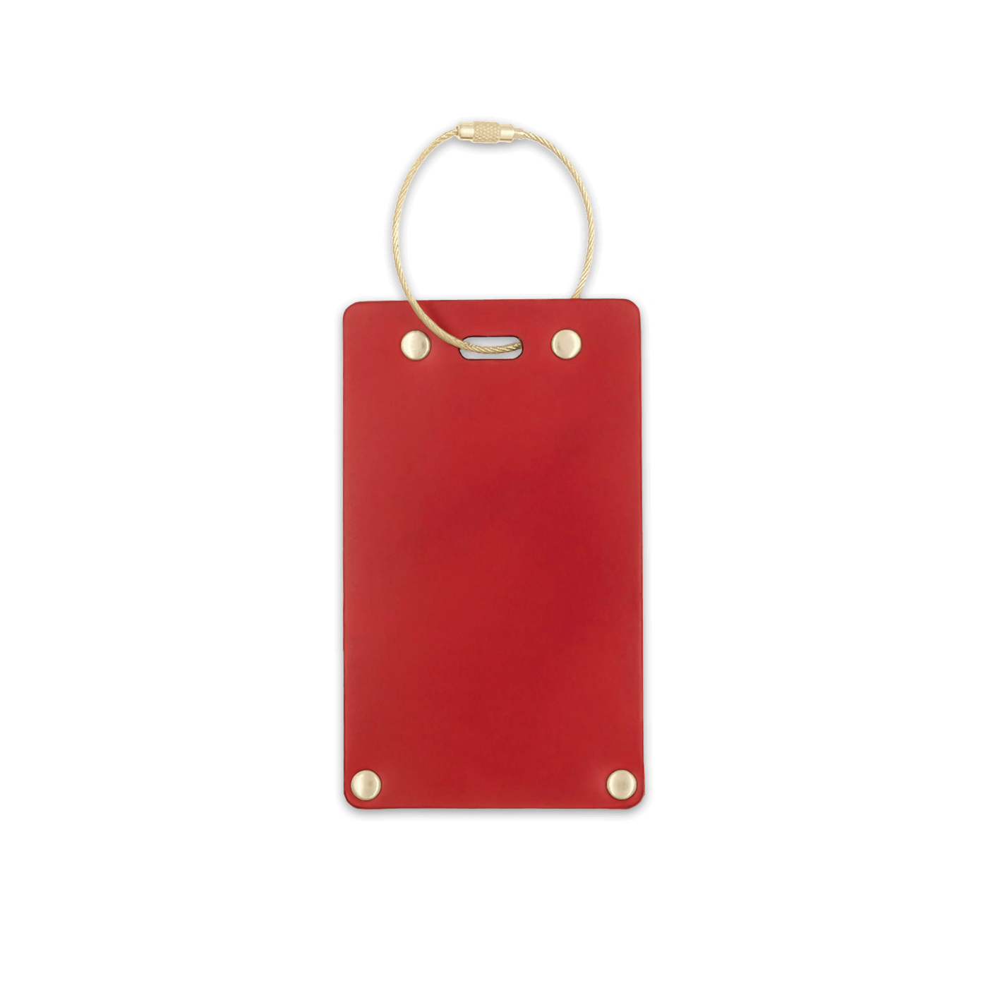 Red leather rectangular luggage tag front view with brass hardware.