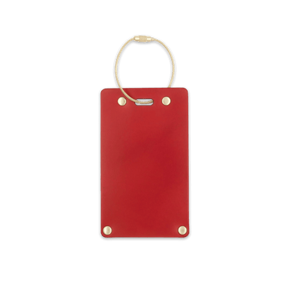 Red leather rectangular luggage tag front view with brass hardware.