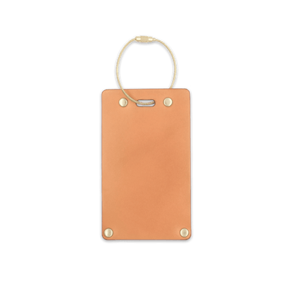 Tan leather rectangular luggage tag front view with brass hardware.