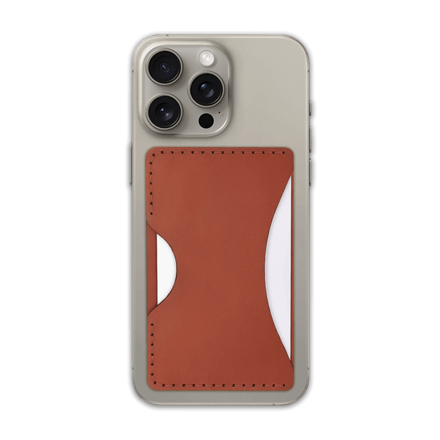 Brown leather Stick-On Wallet with white cards on iPhone.