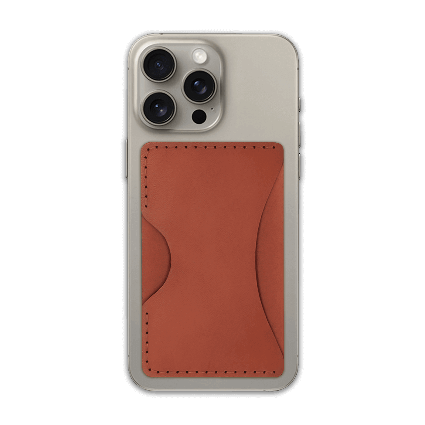 Brown leather Stick-On Wallet on iPhone.