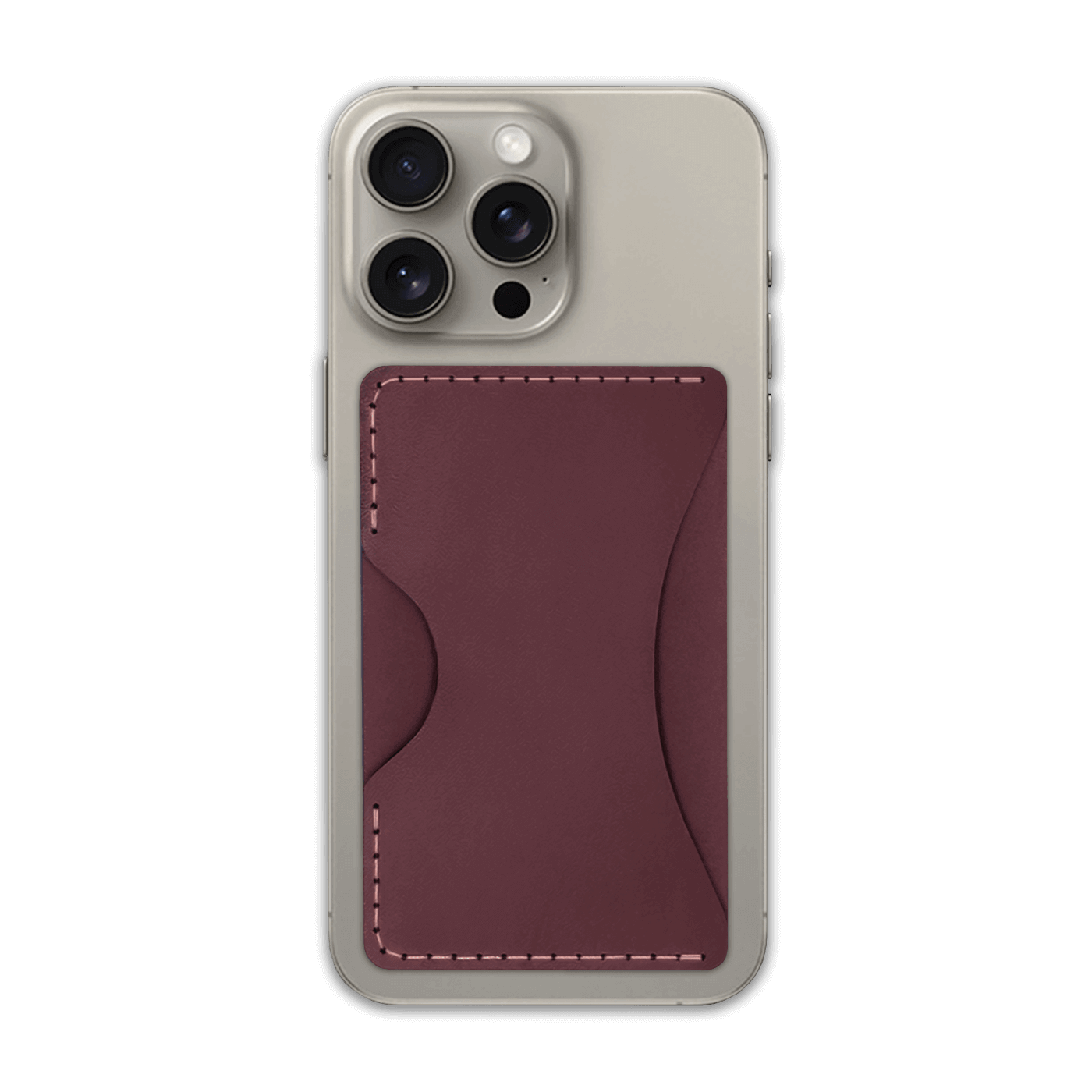 Burgundy leather Stick-On Wallet on iPhone.