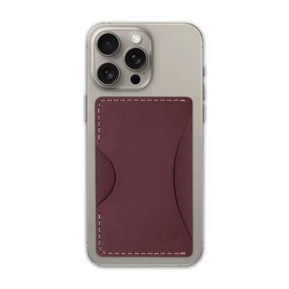 Burgundy leather Stick-On Wallet on iPhone.