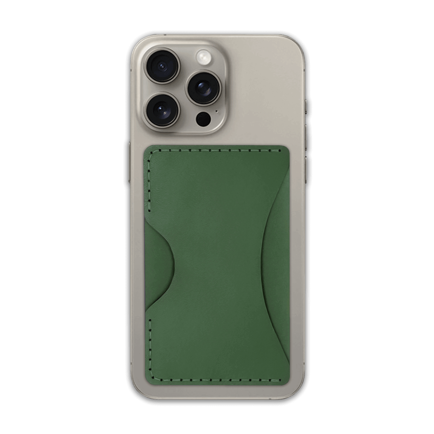 Green leather Stick-On Wallet on iPhone.