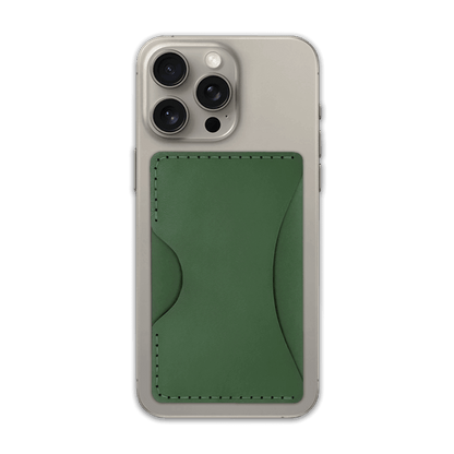 Green leather Stick-On Wallet on iPhone.