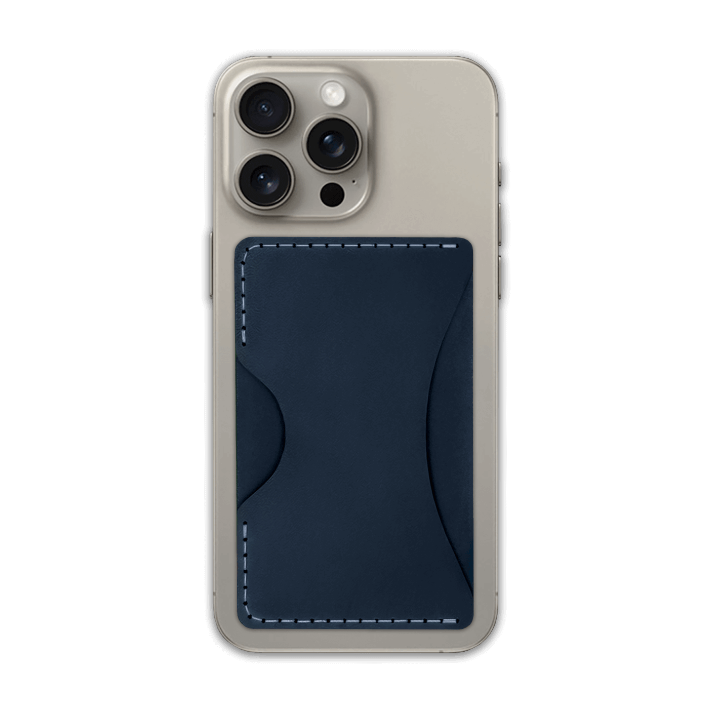 Navy leather Stick-On Wallet on iPhone.