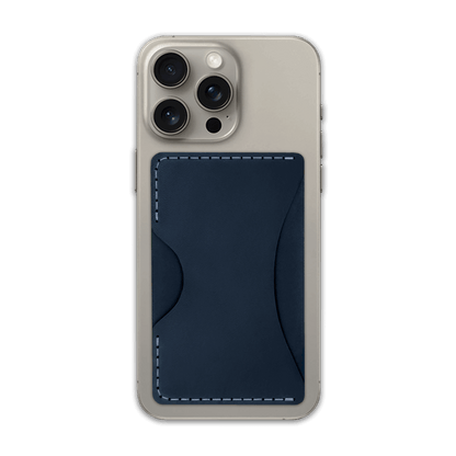 Navy leather Stick-On Wallet on iPhone.