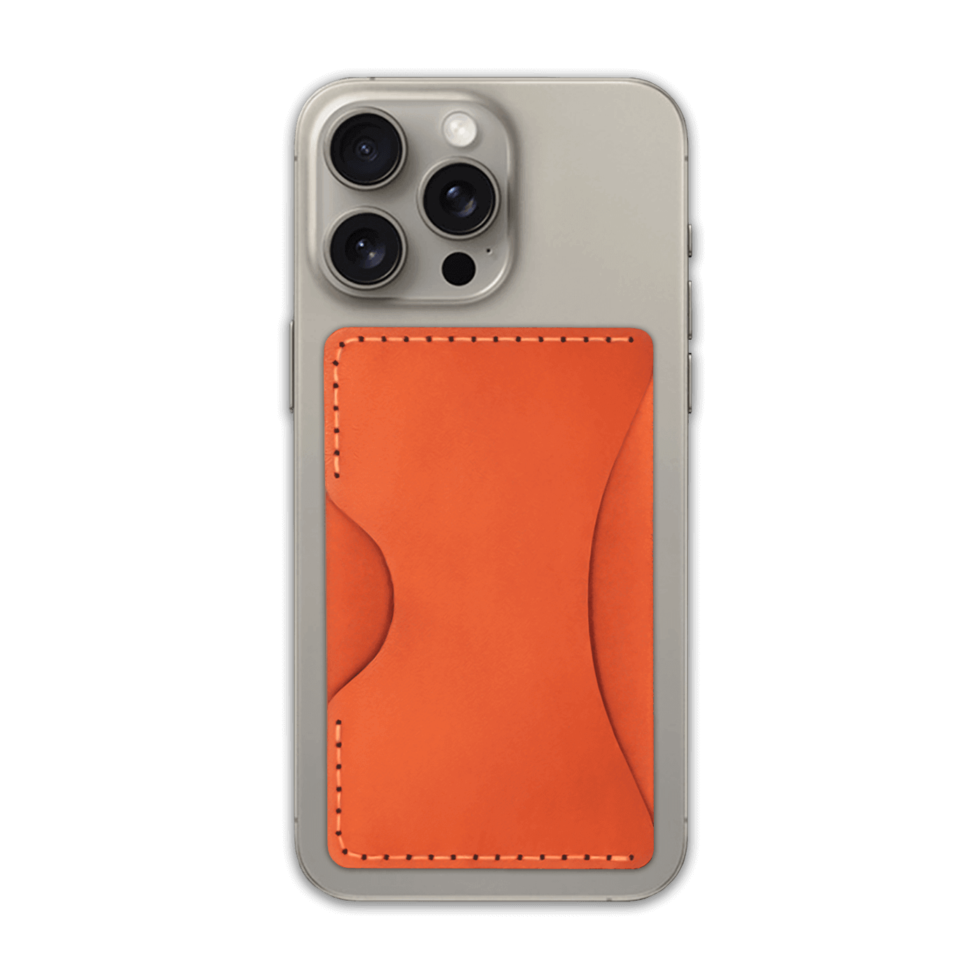 Orange leather Stick-On Wallet on iPhone.