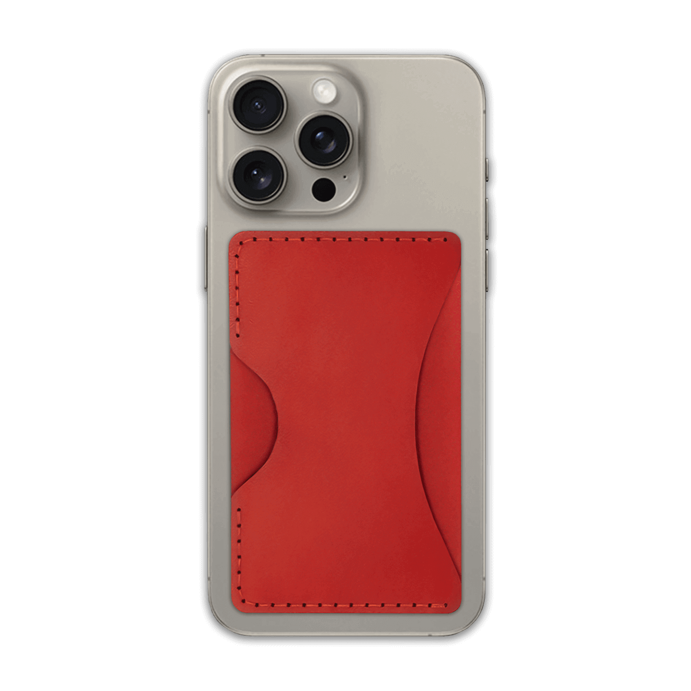 Red leather Stick-On Wallet on iPhone.